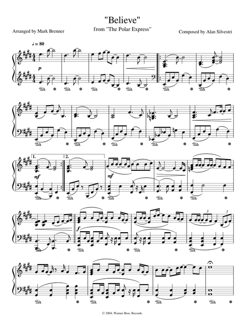 "Believe" from The Polar Express for Piano Solo