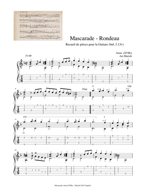 Mascarade - Rondeau - Robert de Visée - Tablature