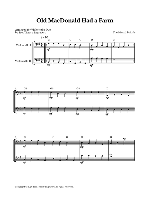 Old MacDonald Had a Farm - For Cello Duet (Arr. FreqTheory Engravers) - Traditional British (Cello Duet)