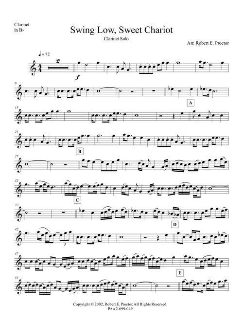 Swing Low, Sweet Chariot in Bb for Clarinet or Flute (Arr. Robert E. Proctor) - Traditional (Small Ensemble)