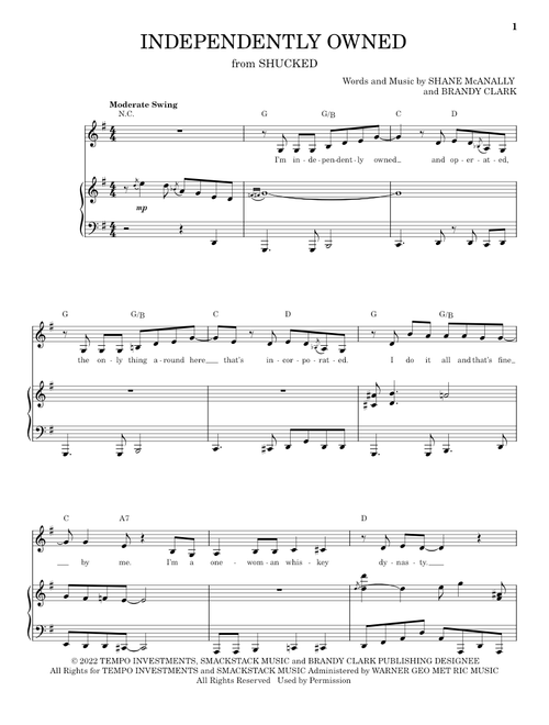 Independently Owned (from Shucked) - Shane McAnally, Brandy Clark (Piano Vocal)