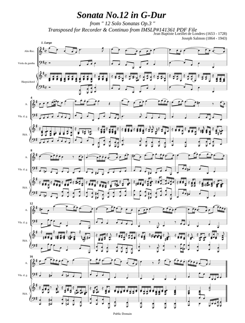 Loeillet, J.B. de London _ Solo Sonata Op.3 No.12 in G-Dur [Rec. and BC]