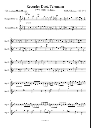 Telemann, G. P. _ Duet for 2 Flutes, TWV 40:107 [2 Alto Recorders