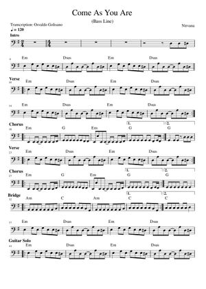 Come as you are – Nirvana - Bass Guitar Level 2 Sheet Music and