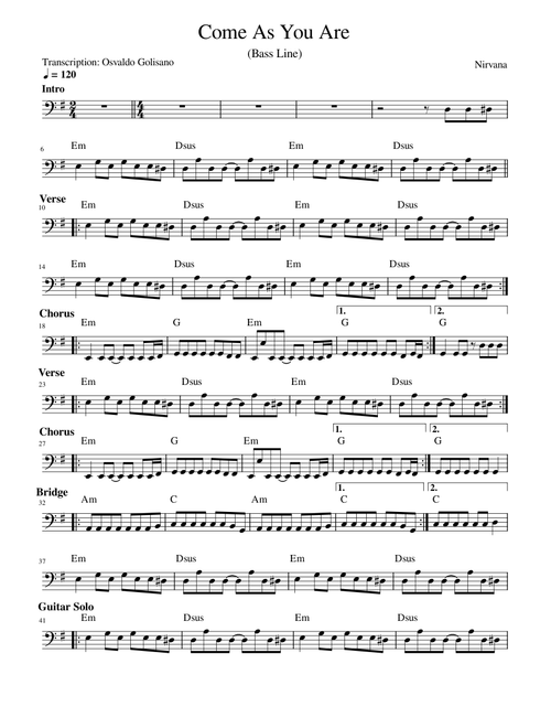 Nirvana - Come As You Are (Bass Line)
