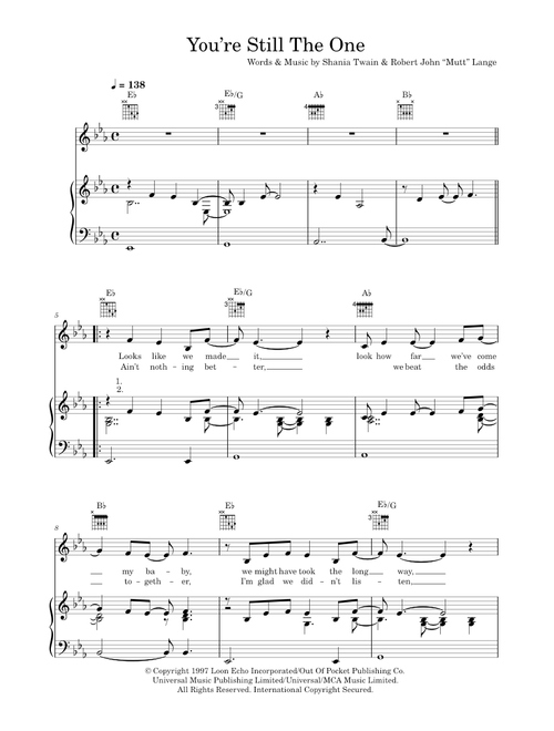 You're Still The One - Shania Twain (Piano-Vocal-Guitar (Piano Accompaniment))