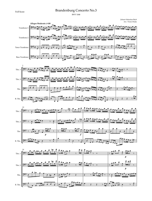 Brandenburg Concerto No. 3 in G major, BWV 1048 1st Mov. (J.S. Bach) for Trombone Quartet (Arr. Victor Drake) - Johann Sebastian Bach (Brass Ensemble)