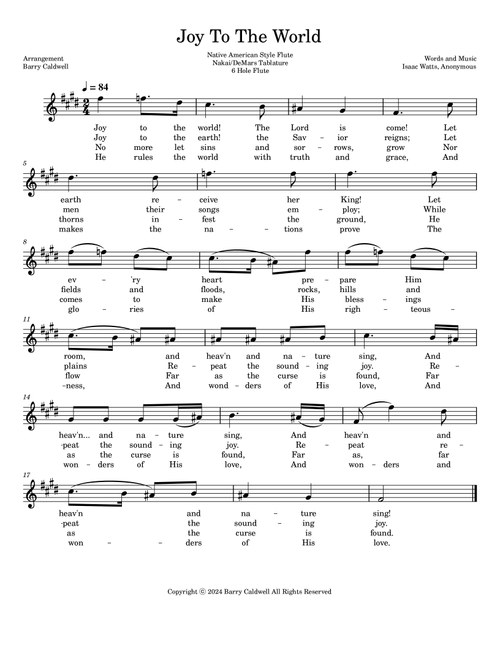 Joy To The World for Native American Style Flute (Arr. Barry Caldwell) - Issac Watts (Flute Solo)