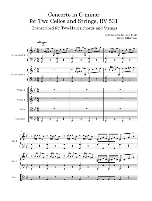 Concerto for 2 Cellos in G minor, RV 531; Transcribed for 2 Harpsichords – Antonio Vivaldi
