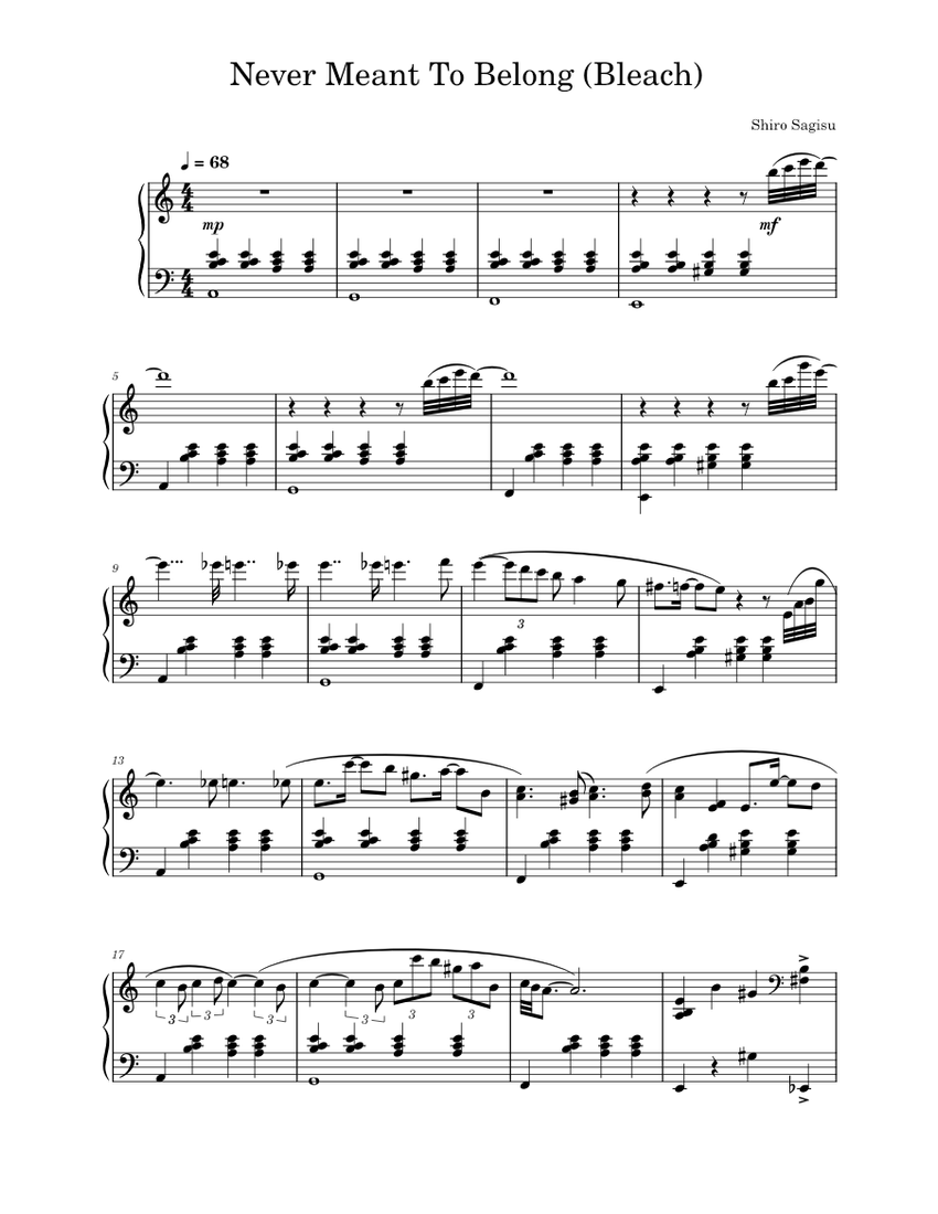 Never meant to belong – Shirō Sagisu Sheet Music for Piano (Solo
