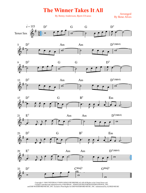 The Winner Takes It All (Arr. Rene Alves) - ABBA (Tenor Sax Solo)