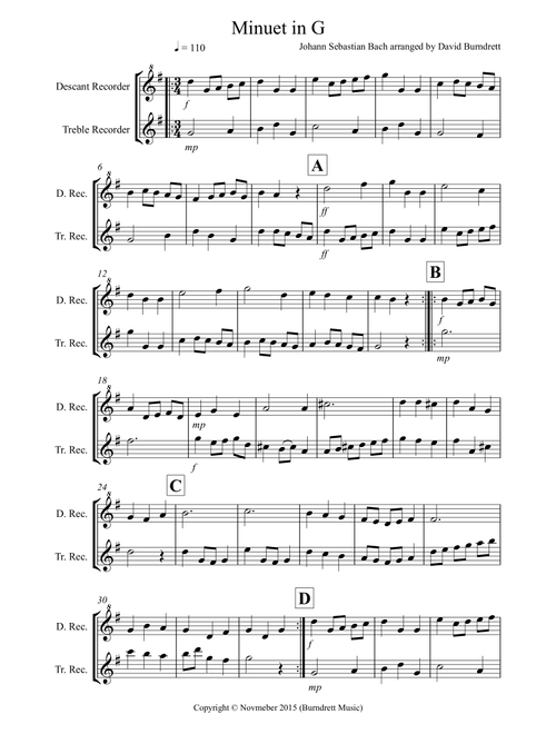 Minuet in G for Recorder Duet (Arr. David Burndrett) - Johann Sebastian Bach (Recorder Solo)