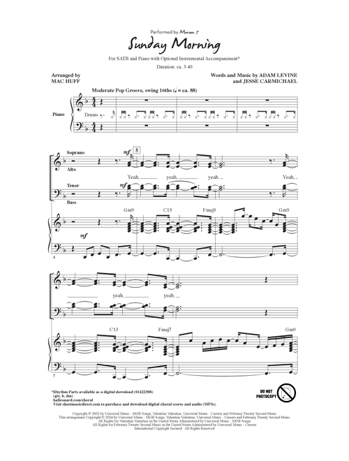 Sunday Morning (arr. Mac Huff) - Maroon 5 (Choral, SATB)