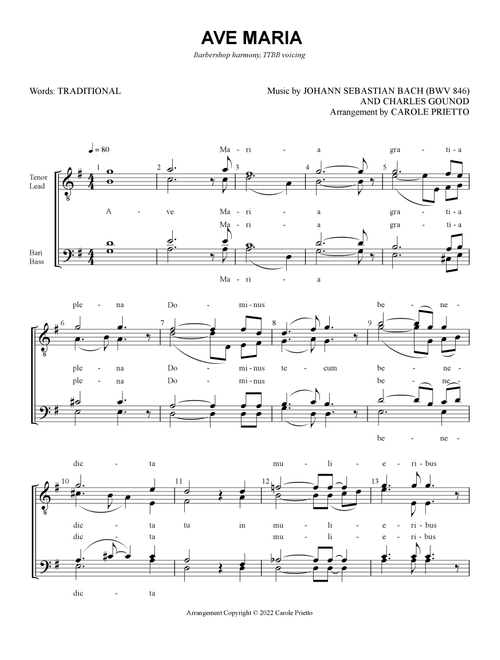Ave Maria (Bach-Gounod) (Arr. CAROLE PRIETTO) - Johann Sebastian Bach Charles Gounod (Choral, TTBB)