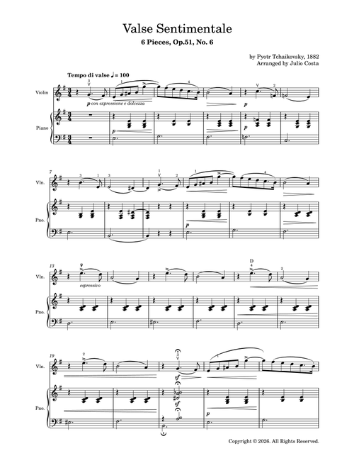 Beethoven - Valse Sentimentale, Op. 51, No. 6 for Violin and Piano (Arr. Julio Costa) - Pyotr Ilyich Tchaikovsky (Violin and Piano)