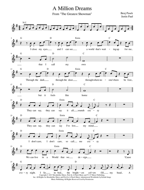 A Million Dreams (Arr. Jack Vaughan) - Pink (Piano-Vocal-Guitar (Piano Accompaniment))