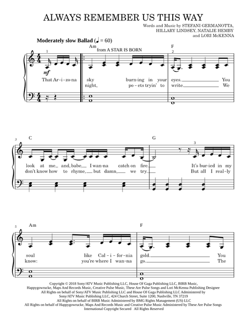 Always Remember Us This Way (from A Star Is Born) - Bradley Cooper, Lady Gaga (Easy Piano)
