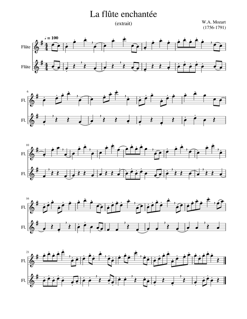 Flûte enchantée de Mozart (Magic Flute Zauberflöte) Sheet music for