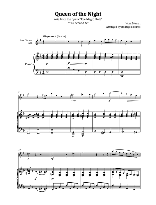 Queen of the Night - for solo bass clarinet in Bb (with piano) (Arr. Rodrigo Faleiros) - Mozart, W A Mozart (Clarinet and Piano)