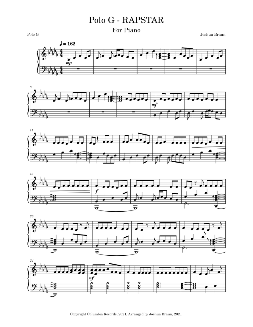 Polo G RAPSTAR Sheet music for Piano Solo Easy Musescore