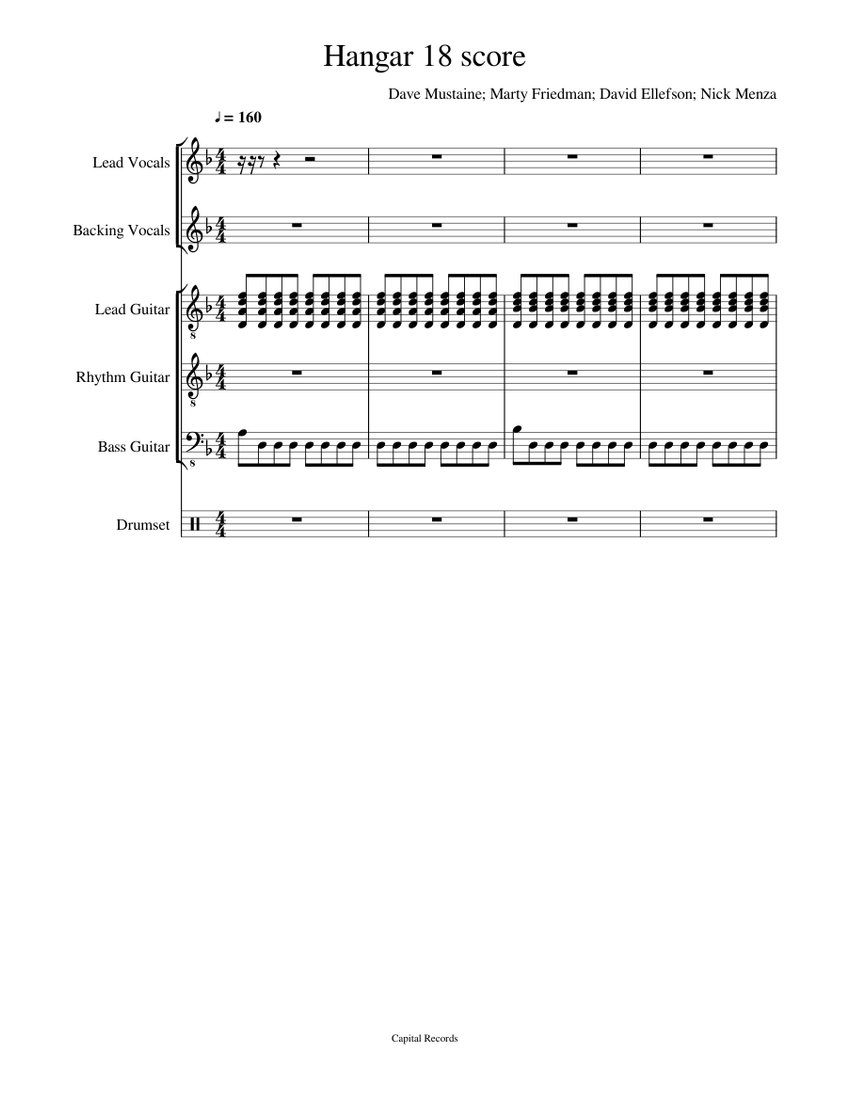 Hangar 18 score Sheet Music for Vocals, Guitar, Bass guitar, Drum
