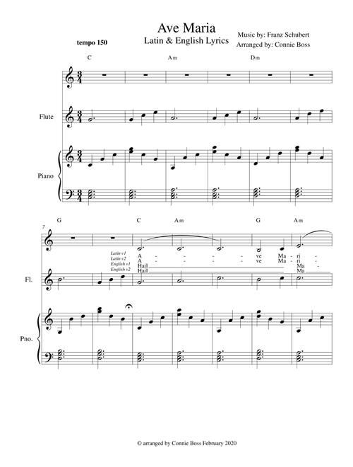 Ave Maria - Latin and English lyrics included for flute or violin or cello, voice and piano (Arr. Connie Boss) - Franz Schubert (Piano-Vocal-Guitar)