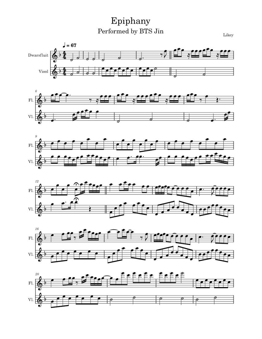 Epiphany BTS Jin Duet [Kpop] Sheet music for Flute, Violin (Mixed