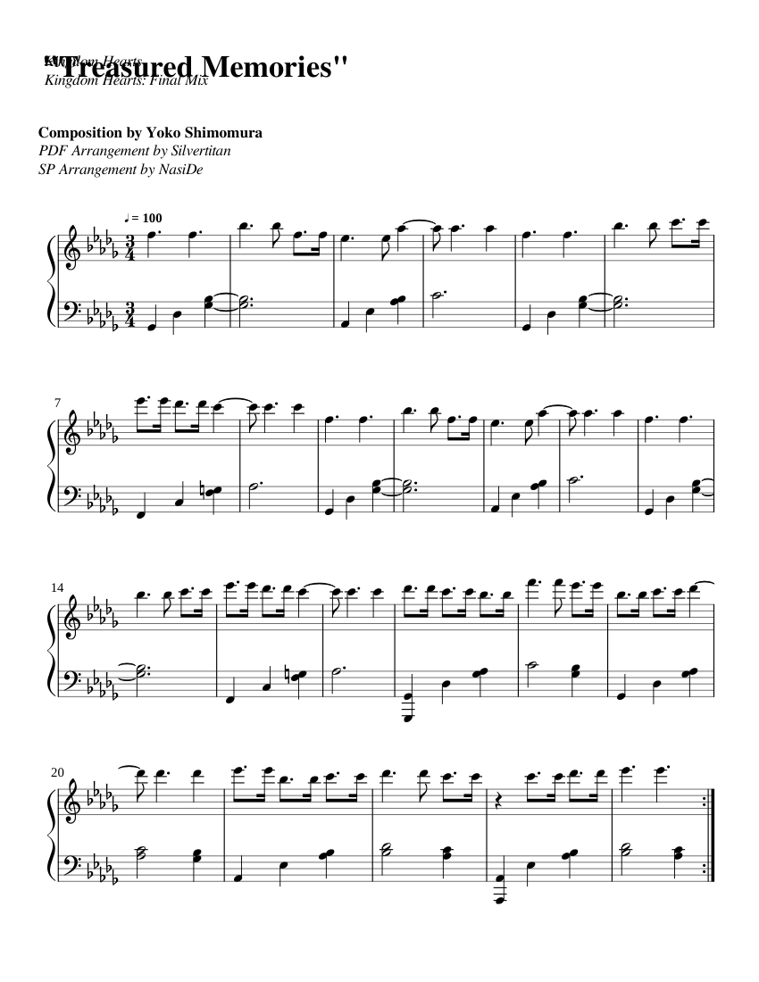 イェイロ〈サンライズ・ミサ〉フルスコア・パート譜セット Treasured Memories for kingdom hearts Sheet Music for Piano (Solo