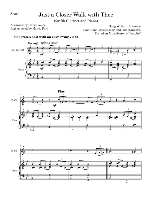 Just a Closer Walk With Thee - Unknown Author (Bb Clarinet and Piano)