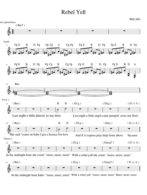 Rebel yell billy idol synth slightly simplified with chords and lyrics
