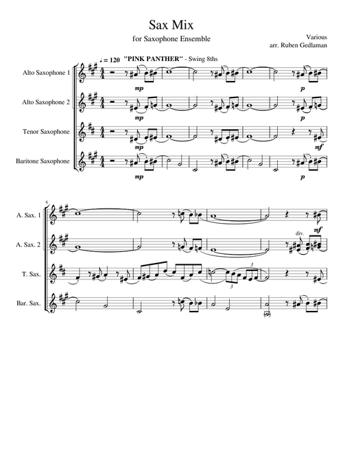 Sax Mix (Pink Panther, Mr. Saxobeat, Funkytown) for Saxophone Ensemble