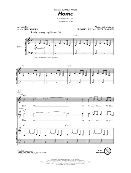 Home (arr. Alan Billingsley) - Phillip Phillips (Choral, 2-Part)