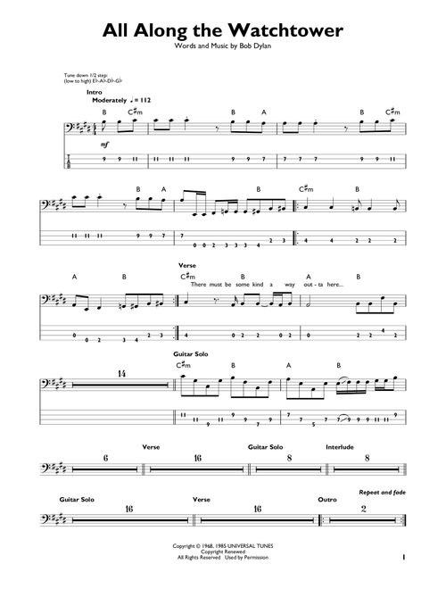 All Along The Watchtower - Jimi Hendrix, Bob Dylan (Easy Bass Tab)