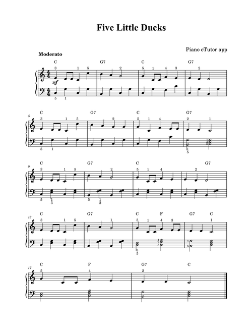 Five Little Ducks (traditional song) - piano (Arr. Piano eTutor app) (Piano Solo)