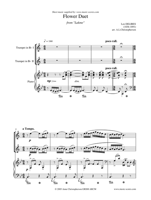 Flower Duet from Lakme - 2 Trumpets and Piano (Arr. Anne L Christopherson GRSM ARCM) - Delibes, Leo (Trumpet Duet)