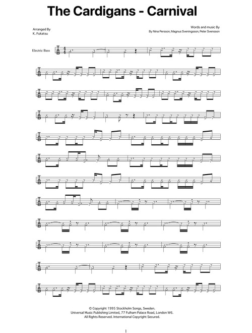 Carnival (Arr. K.Fukatsu) - The Cardigans (Bass Tab)