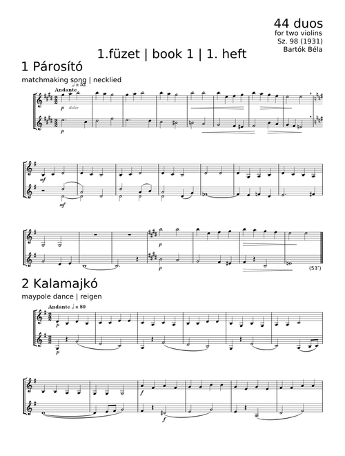 44 Duos for Two Violins, Sz. 98, BB 104 - Béla Bartók