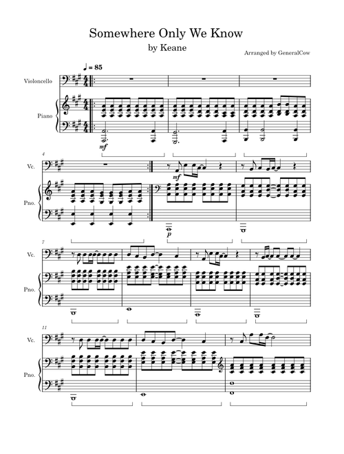 Somewhere only we know – Keane (Cello Solo w/ Piano Accompaniment)