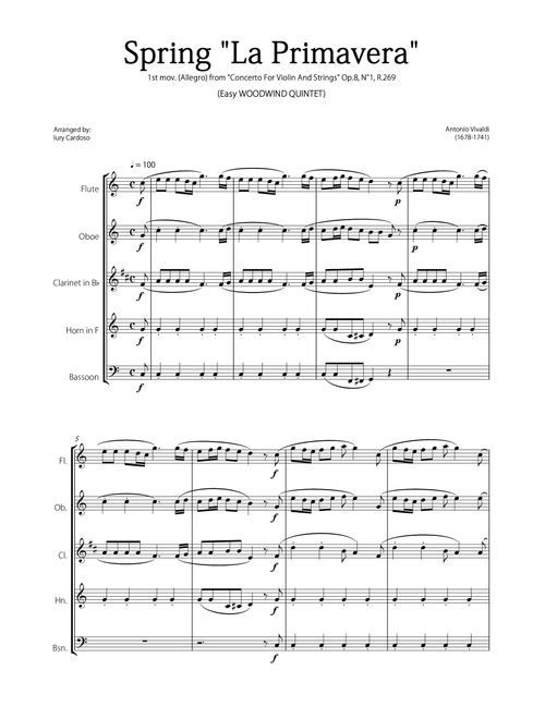 "Spring" (La Primavera) by Vivaldi - Easy version for WOODWIND QUINTET (Arr. Iury Cardoso) - Antonio Vivaldi (Woodwind Ensemble)