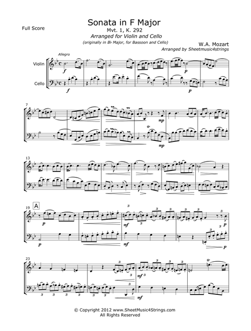 Mozart, W. - Sonata No. 5 (Mvt. 1) for Violin and Cello (Arr. Linda M. Scott) - W Mozart (Instrumental Duet)