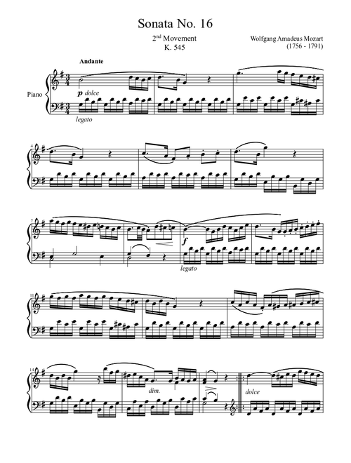 Sonata No. 16, 2nd Movement K. 545