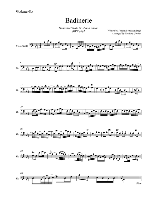 Badinerie BWV 1067 (Arr. Zachary Corbett) - Johann Sebastian Bach (Cello Solo)