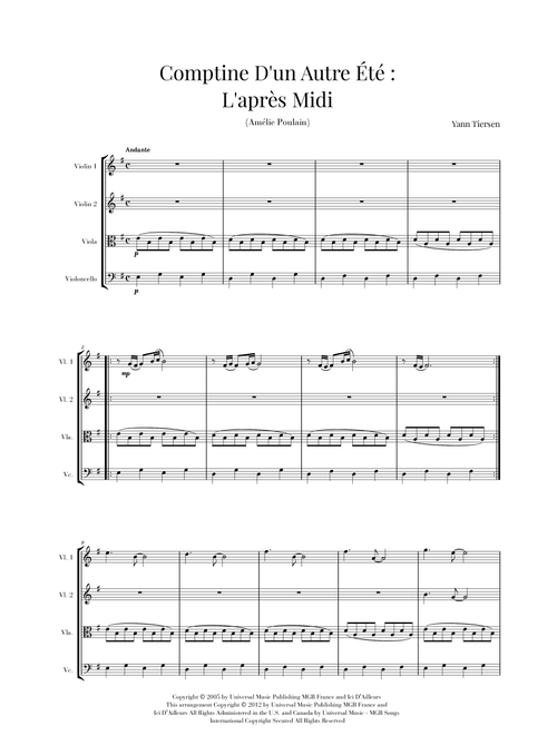 Comptine D'un Autre Été: L'après-midi (Arr. Cadenza Editions) - Yann Tiersen (String Quartet)