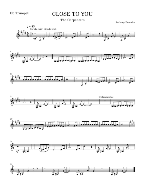 Close to You – Carpenters  Bb Trumpet