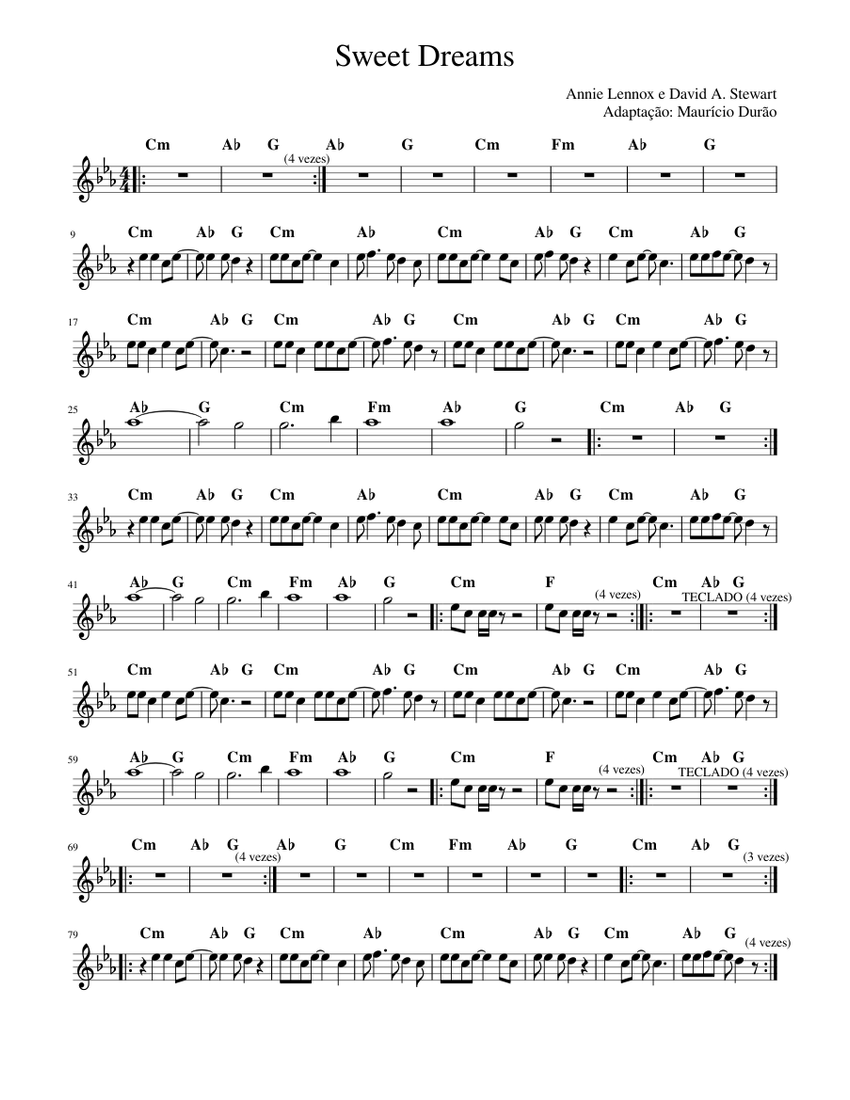Sweet Dreams Sheet Music with Chords for Piano (Solo) easy