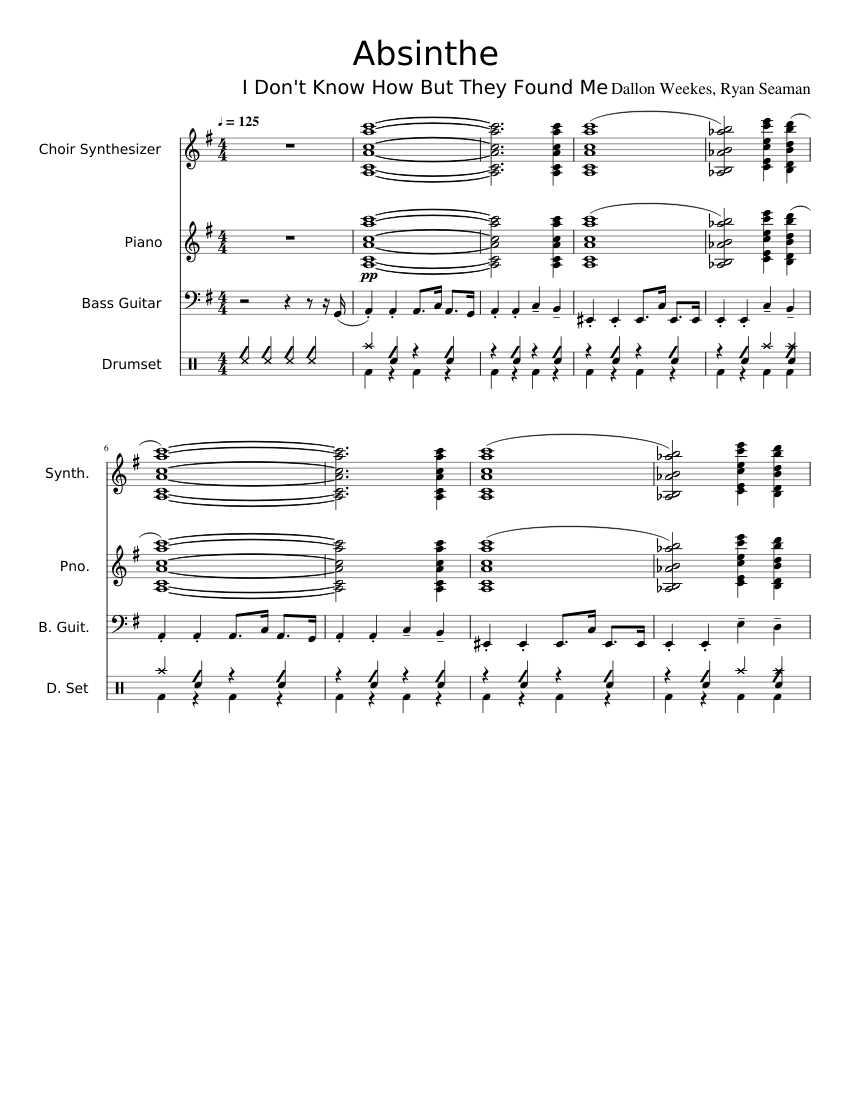 Absinthe Idkhow Finished Sheet Music For Piano Vocals Guitar Bass Guitar And More Instruments 