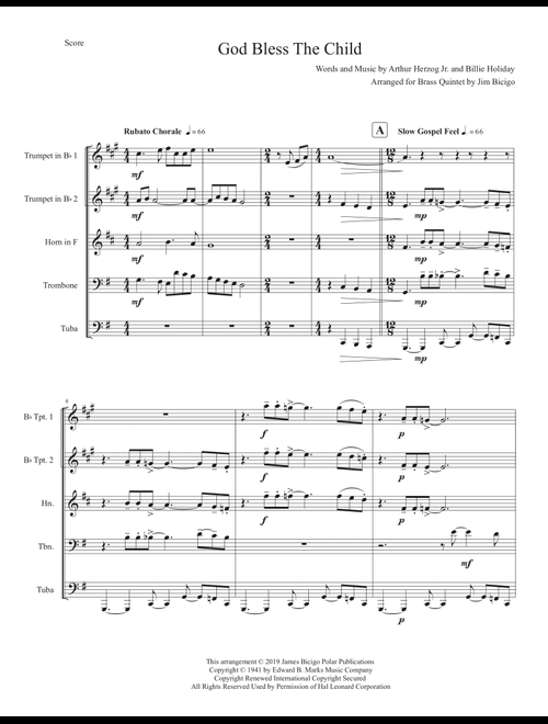 God Bless' The Child (Arr. Jim Bicigo) - Billie Holiday (Brass Ensemble)