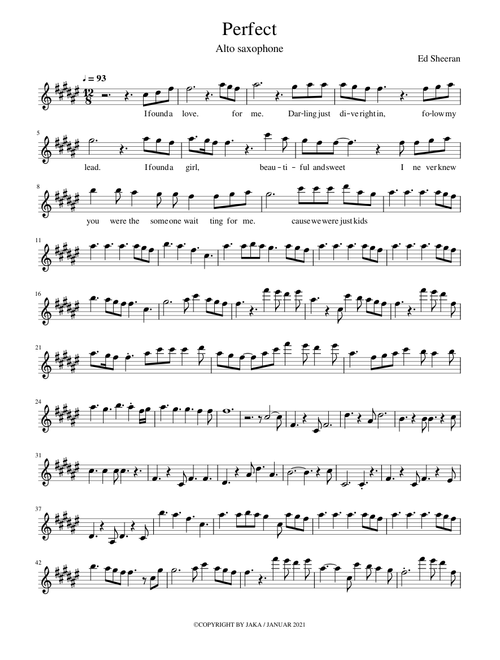 Perfect Ed Sheeran A major Alto saxophone