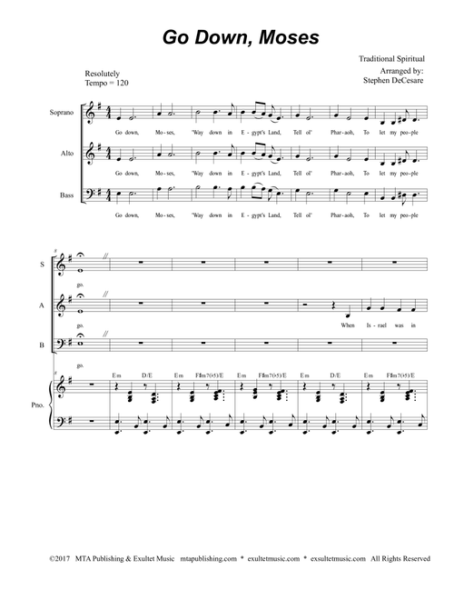 Go Down, Moses (Vocal Trio - (SAB) (Arr. Stephen DeCesare) - African-American Spiritual (Piano Vocal)