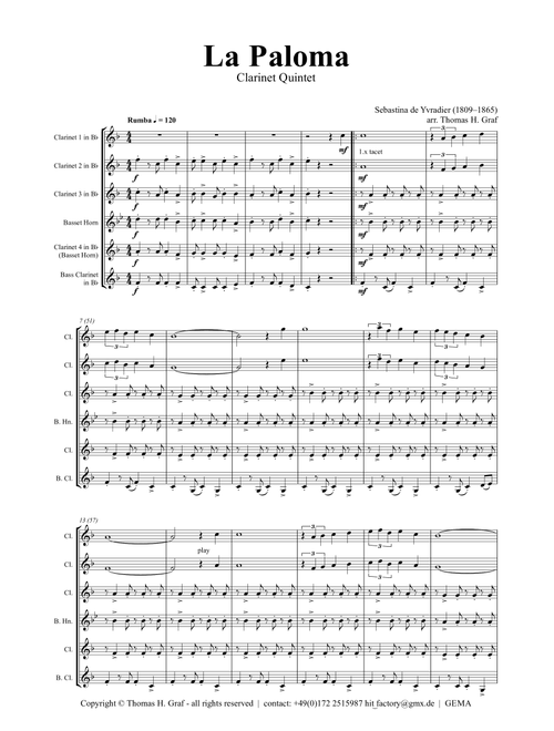 La Paloma - Spanish Habanera - Clarinet Quintet (Arr. Thomas H. Graf) - Sebastina de Yvradier (1809–1865) (Woodwind Ensemble)